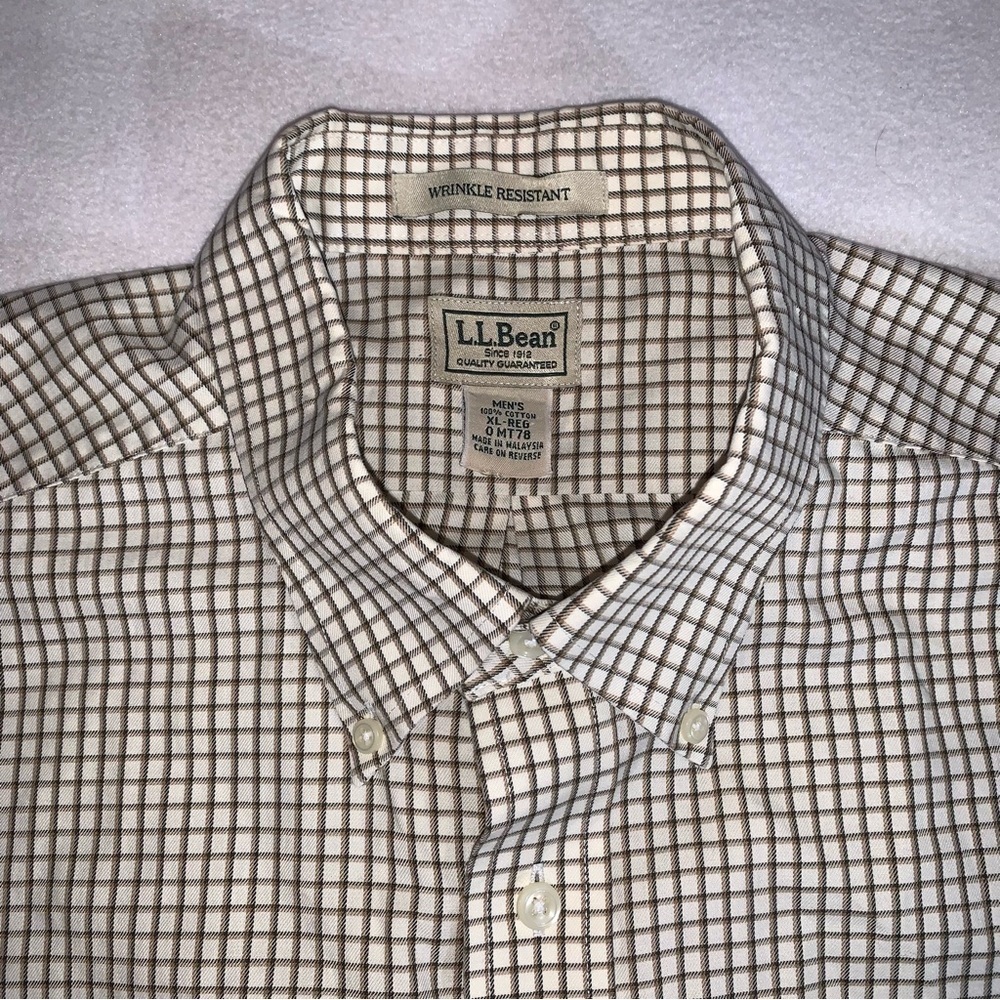 L.L. Bean Button Down Shirt Wrinkle Resistant Check Plaid Men’s XL White Brown